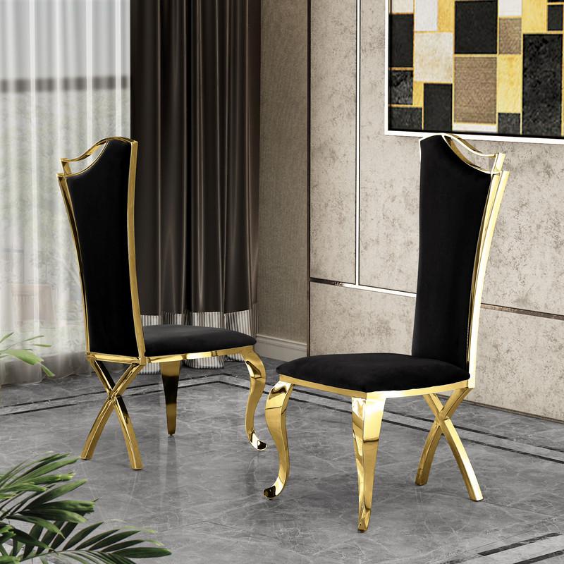 Contemporary Glass 5pc Dining Set, Glass Top Dining Table and Velvet Side Chairs with Gold Stainless Steel Frame, Black. Picture 3