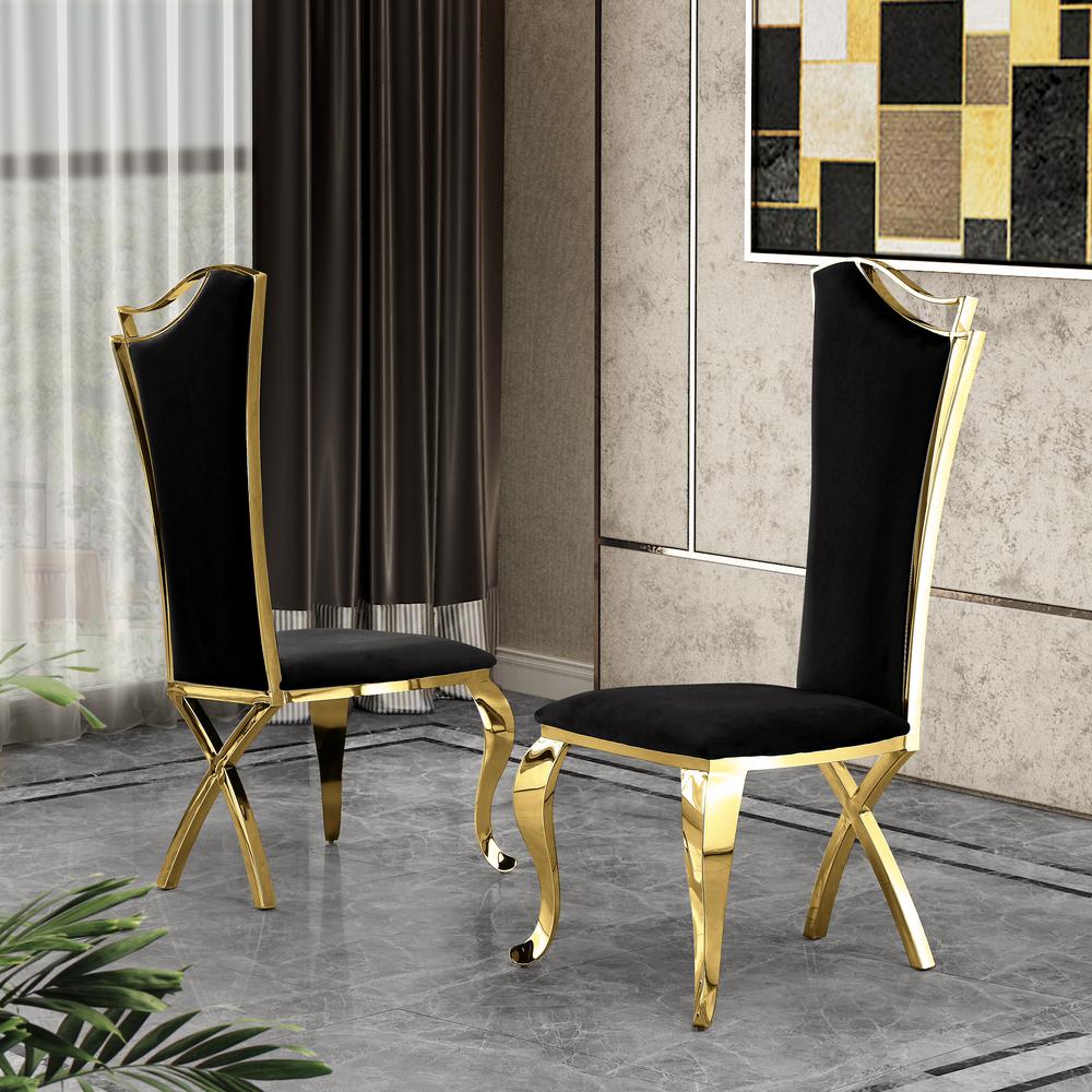 Black Velvet Side Chair Set of 2, Stainless Steel Gold Legs. The main picture.