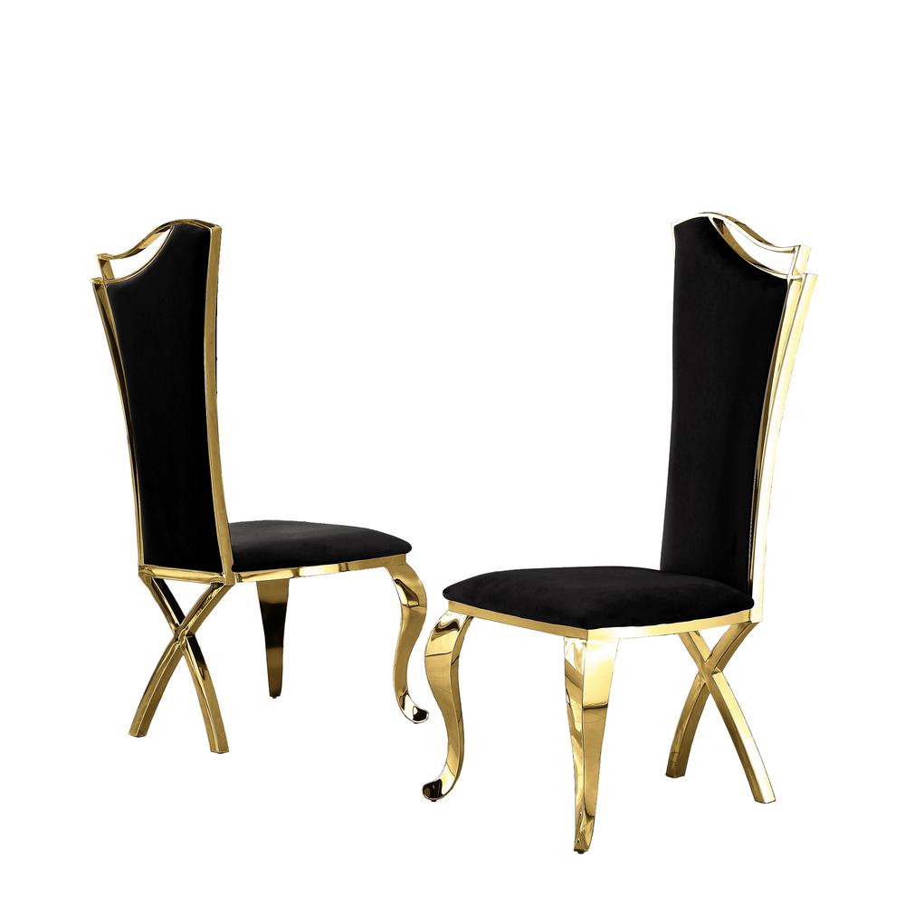 Black Velvet Side Chair Set of 2, Stainless Steel Gold Legs. Picture 2