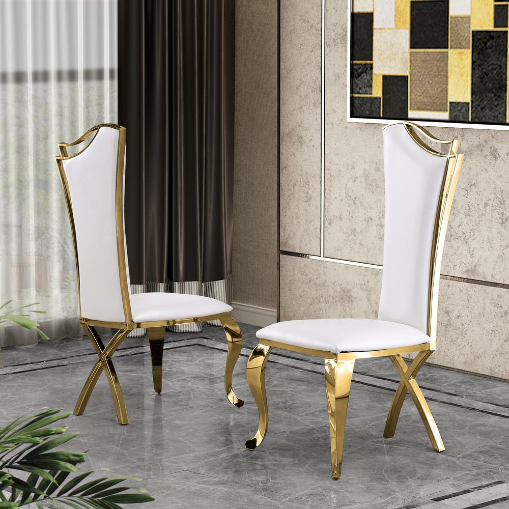Faux Leather Side Chair Set of 2, Stainless Steel Gold Legs, White. Picture 1