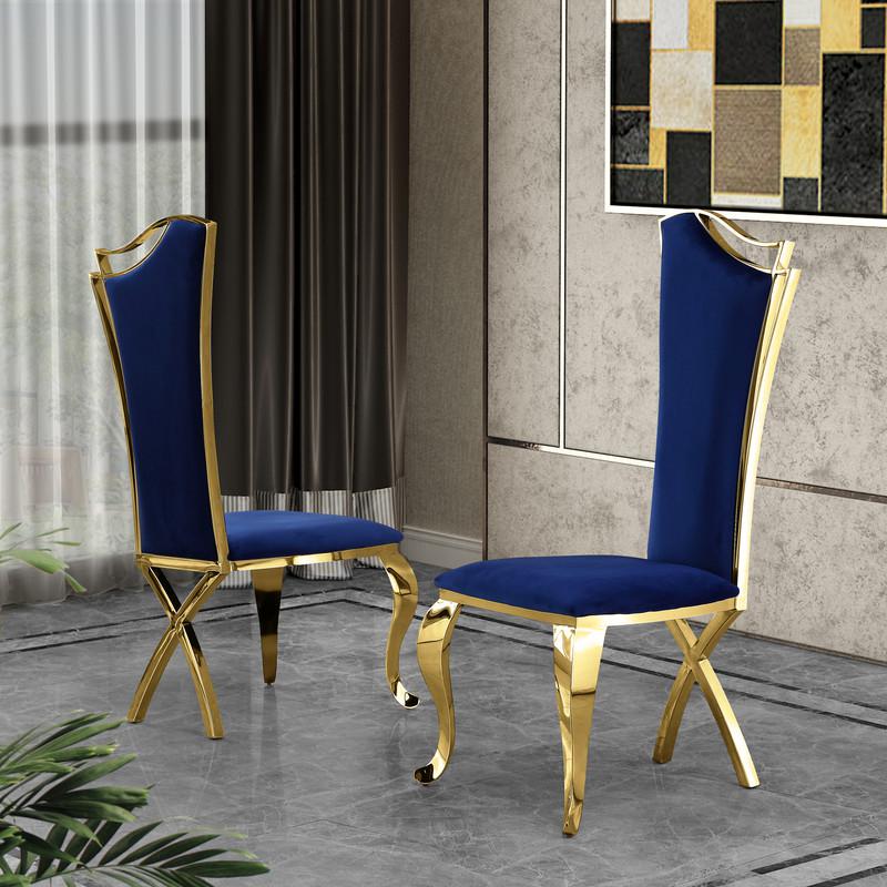 Contemporary Glass 5pc Dining Set, Glass Top Dining Table and Velvet Side Chairs with Gold Stainless Steel Frame, Navy Blue. Picture 3