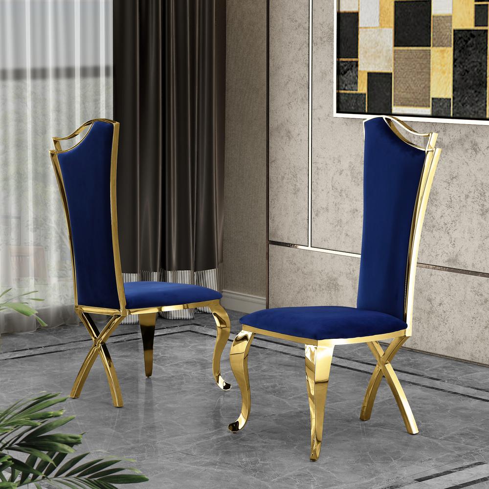 Velvet Side Chair Set of 2, Stainless Steel Gold Legs, Navy Blue. Picture 1