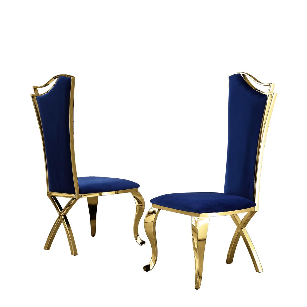 Velvet Side Chair Set of 2, Stainless Steel Gold Legs, Navy Blue. Picture 2