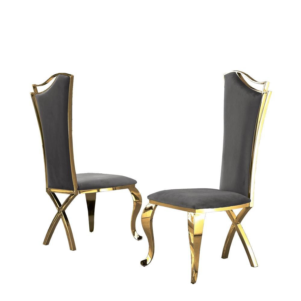 Velvet Side Chair Set of 2, Stainless Steel Gold Legs, Dark Gray. Picture 3