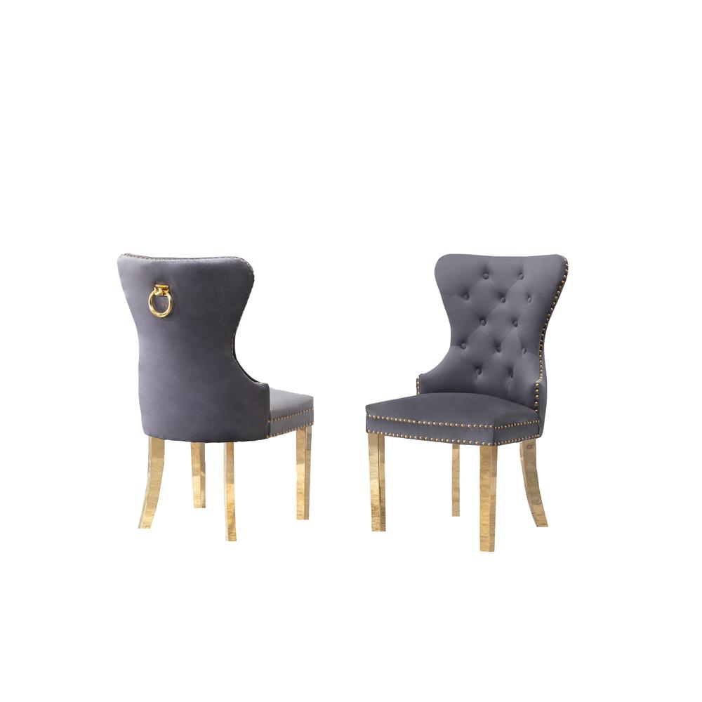 Velvet Tufted Side Chair Set of 2, Stainless Steel Gold Legs, Dark grey. Picture 2
