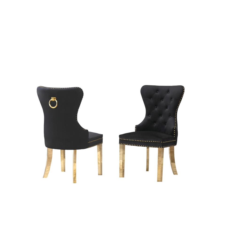 Velvet Tufted Side Chair Set of 2, Stainless Steel Gold Legs, Black. Picture 2