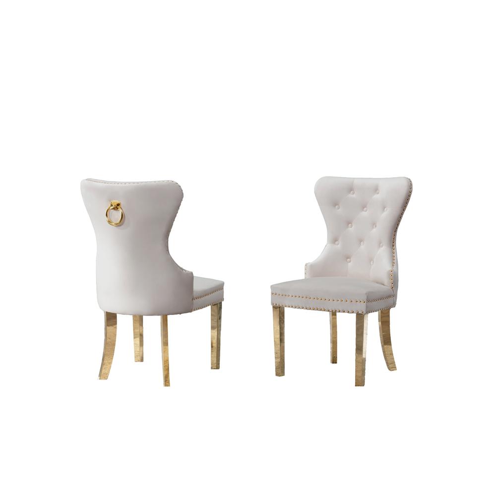 Velvet Tufted Side Chair Set of 2, Stainless Steel Gold Legs, Beige. Picture 3