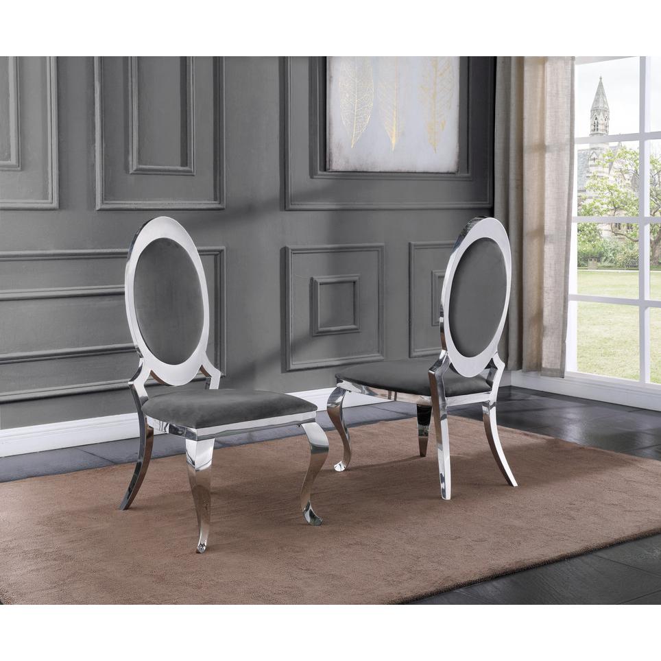 Classic 7pc Dining Set w/Uph Side Chair, Glass Table w/ Silver Spiral Base, Dark Grey. Picture 3