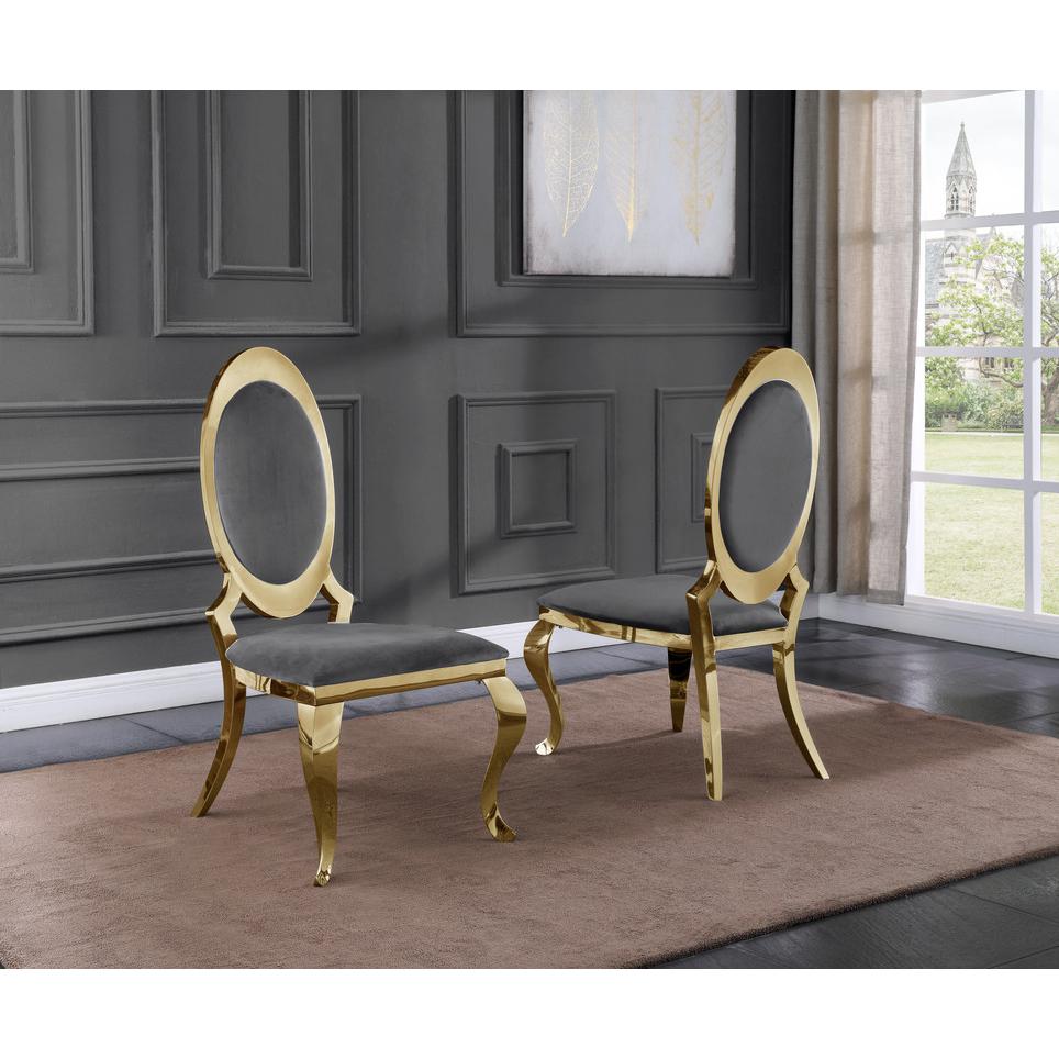 Classic 7pc Dining Set w/Uph Side Chair, Glass Table w/ Gold Spiral Base, Dark Grey. Picture 3