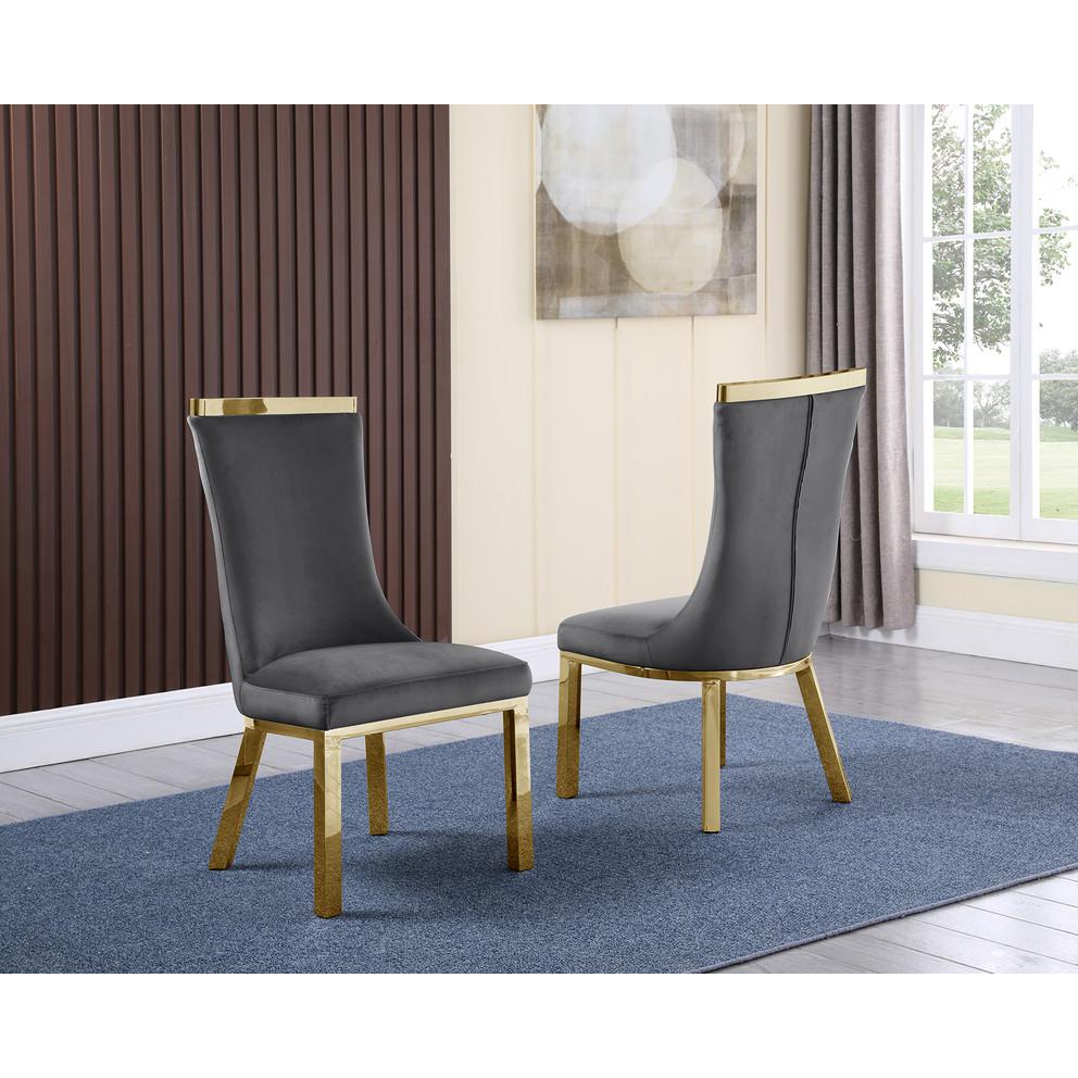 9pc dining set- Recatngle Glass table with gold color base and Dark Grey velvet chairs. Picture 2