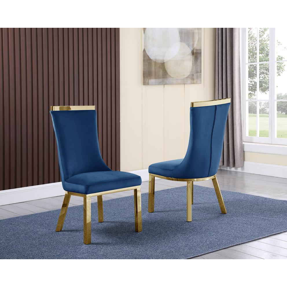9pc dining set- Recatngle Glass table with gold color base and Navy Blue velvet chairs. Picture 2