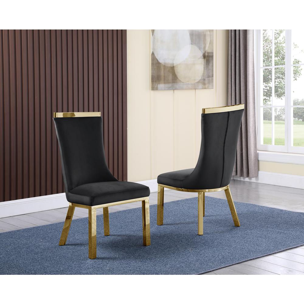 Velvet Uph. Dining Chair, Gold Stainless Steel Top and Legs (Single) - Black. Picture 2