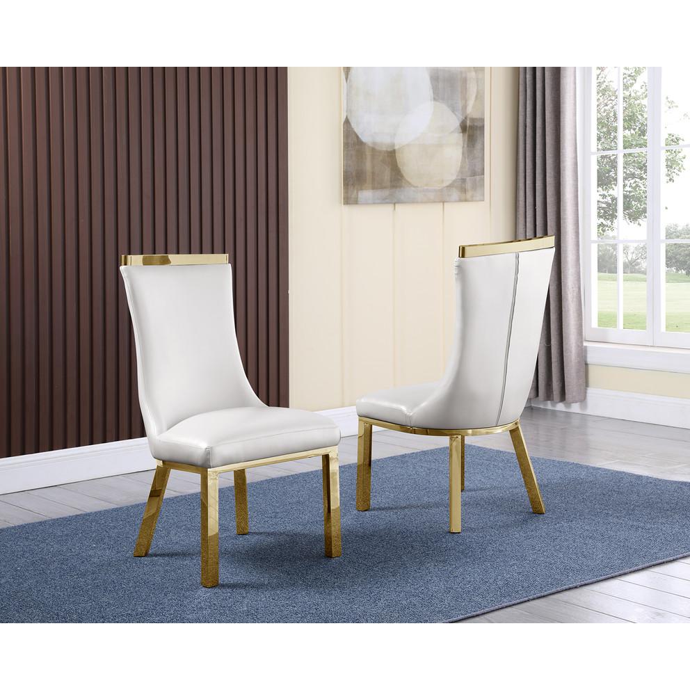 Classic 9pc Dining Set w/Faux Leather Side Chair, Glass Table w/ Gold Spiral Base, White. Picture 3