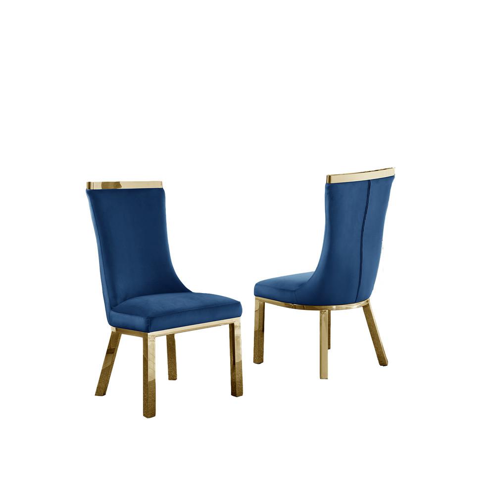 Upholstered dining chairs set of 2 in Navy blue velvet fabric, gold colored stainless steel base. Picture 3