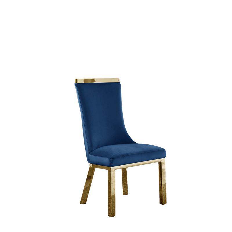Upholstered dining chairs set of 2 in Navy blue velvet fabric, gold colored stainless steel base. Picture 2