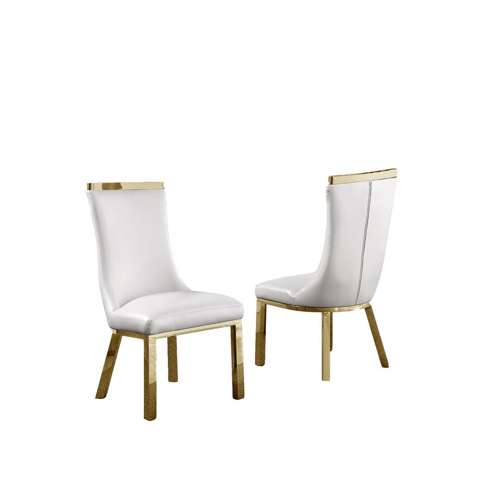 Upholstered dining chairs set of 2 in White faux leather with gold colored stainless steel base. Picture 3
