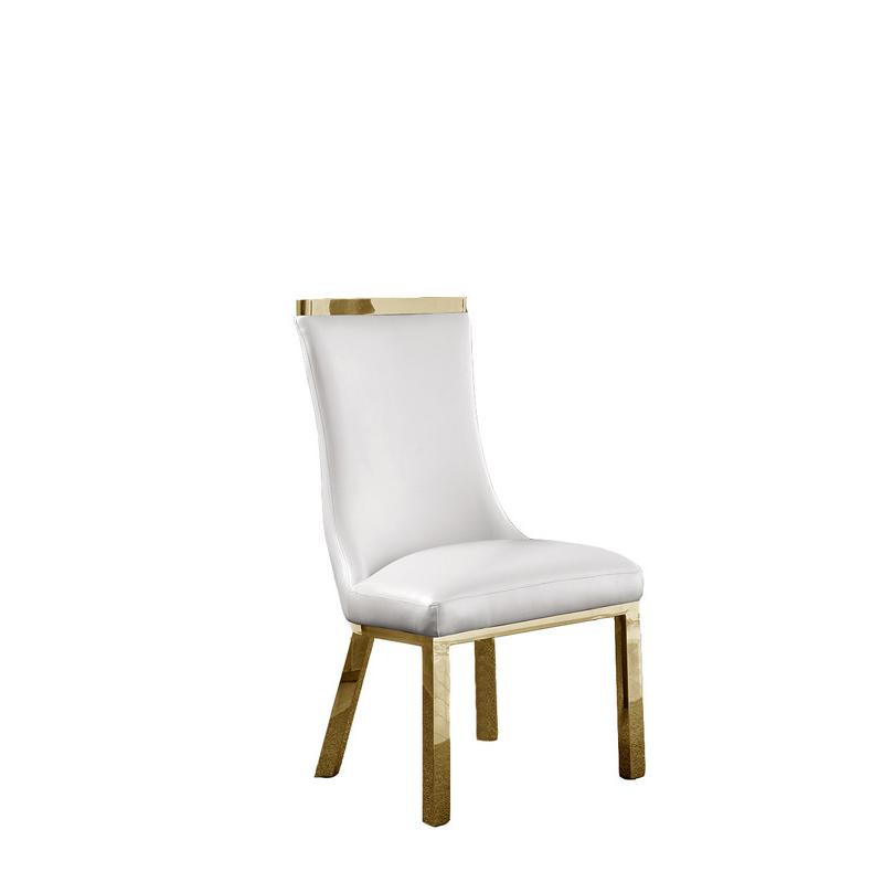 Upholstered dining chairs set of 2 in White faux leather with gold colored stainless steel base. Picture 2