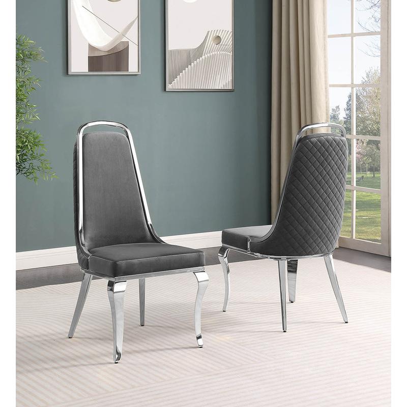 Dark Grey velvet high back chair with silver chrome trim, set of 2. Picture 2