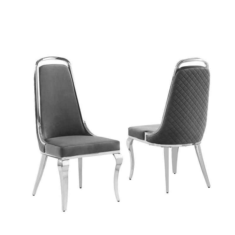 Dark Grey velvet high back chair with silver chrome trim, set of 2. Picture 1