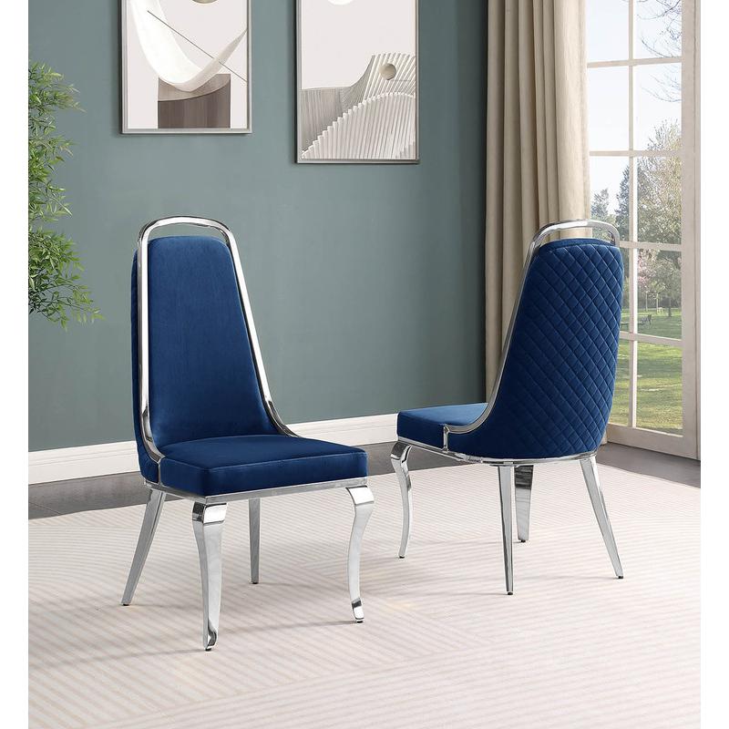 Navy blue velvet high back chair with silver chrome trim, set of 2. Picture 2