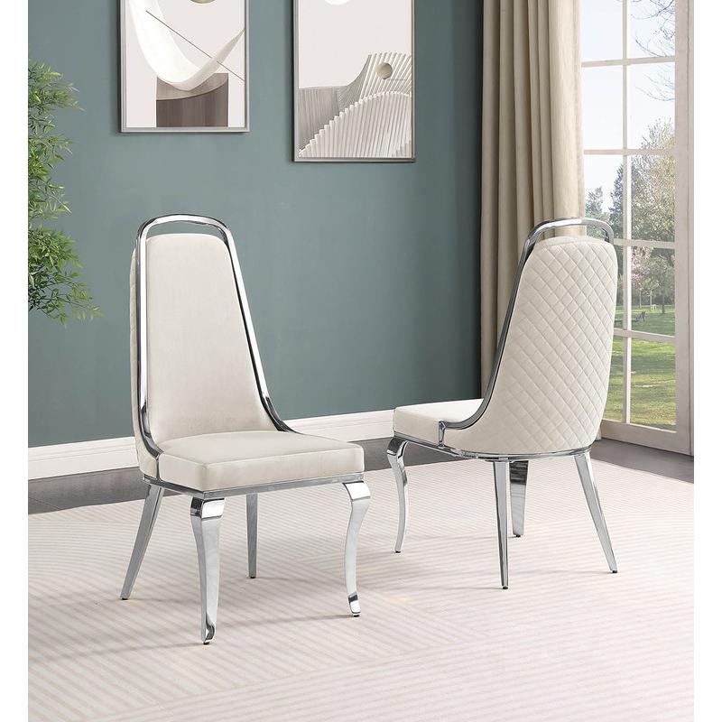 Cream velvet high back chair with silver chrome trim, set of 2. Picture 2