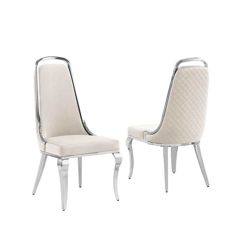 Cream velvet high back chair with silver chrome trim, set of 2. Picture 1