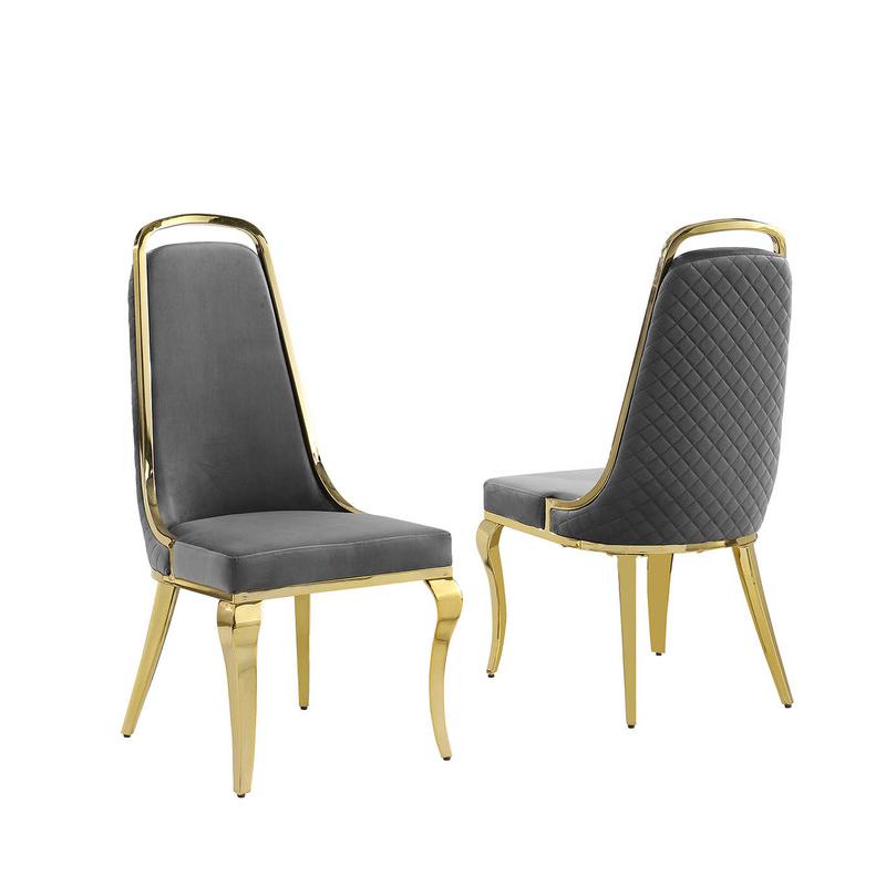 Dark Grey velvet high back chair with gold chrome trim, set of 2. Picture 1