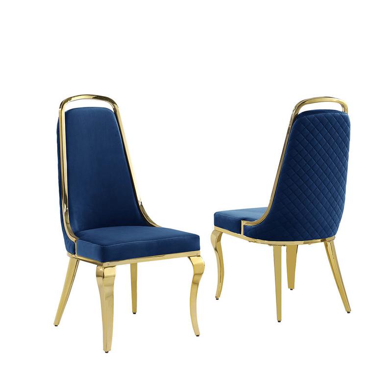 Navy blue velvet high back chair with gold chrome trim, set of 2. Picture 1