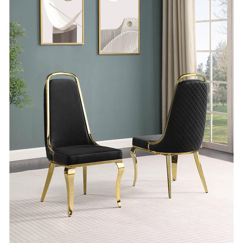 Black velvet high back chair with gold chrome trim, set of 2. Picture 2