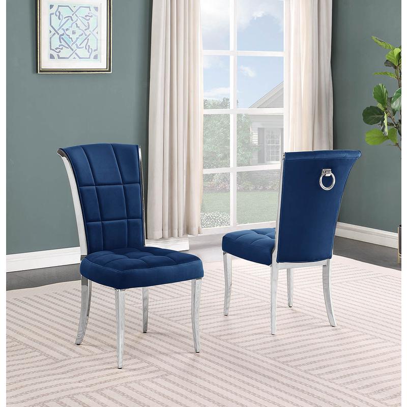 7-piece glam dining set with 6 navy blue  chairs and a 95" long glass  table. Picture 2