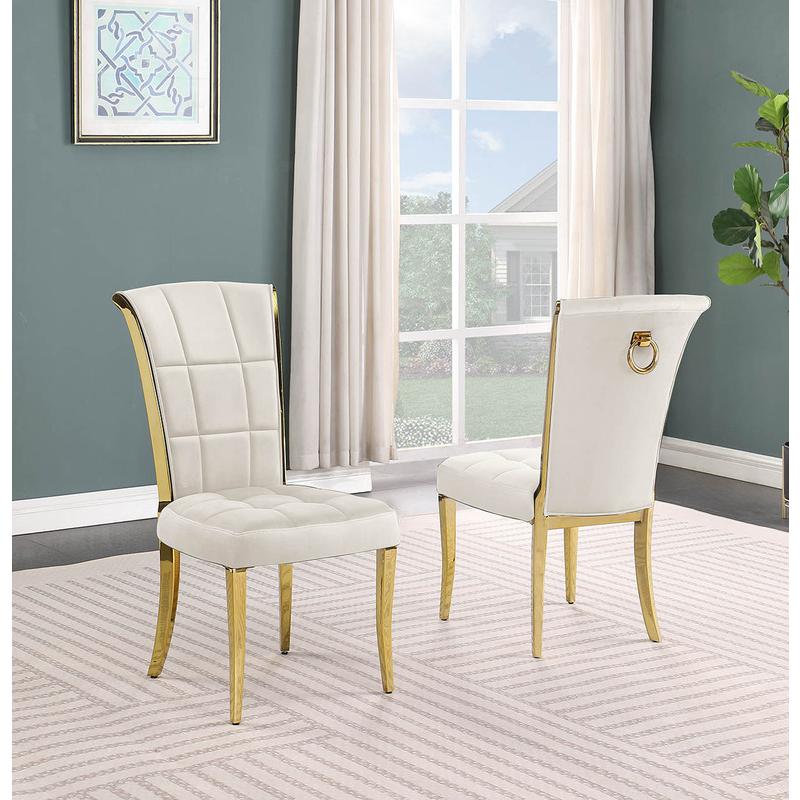 7-piece glam dining set with 6 cream side chair and a 95"long glass  table. Picture 2