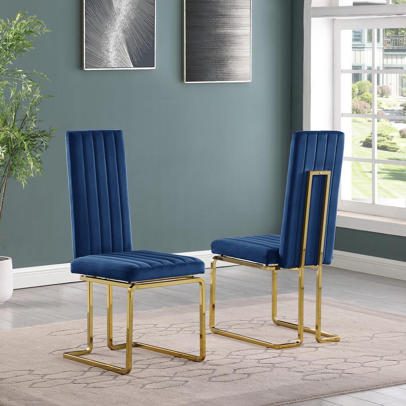 Navy blue velvet side chairs with gold color base (SET OF 2). Picture 2