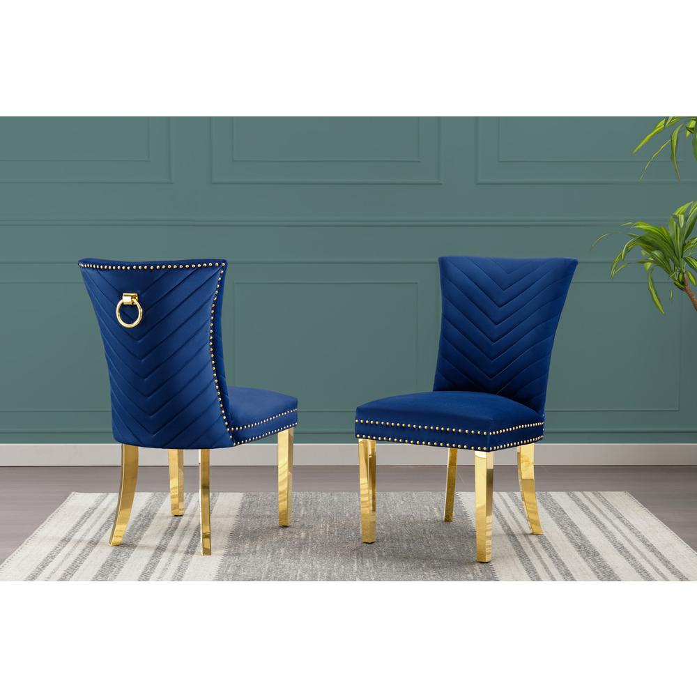 Navy Blue velvet side chairs with gold base (SET OF 2). Picture 2