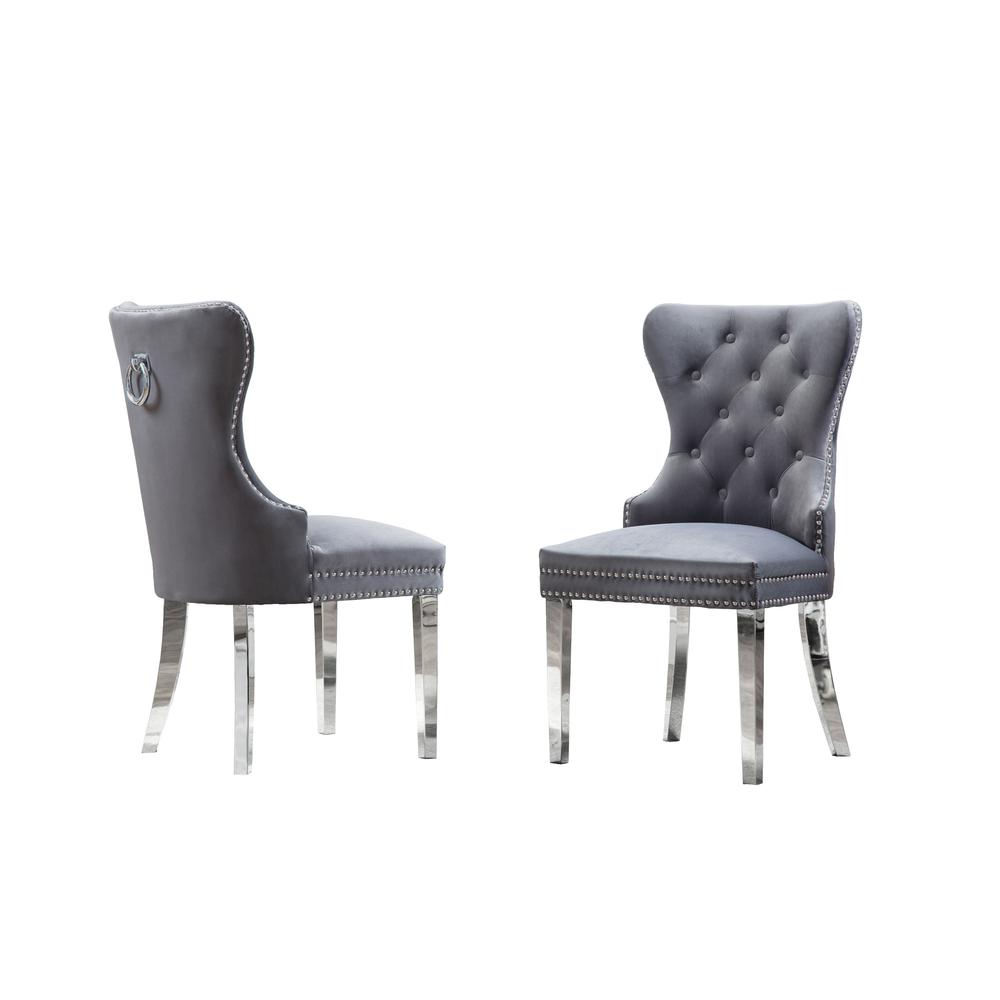 Velvet Tufted Dining Chair, Stainless Steel Legs (Set of 2) - Grey. Picture 2