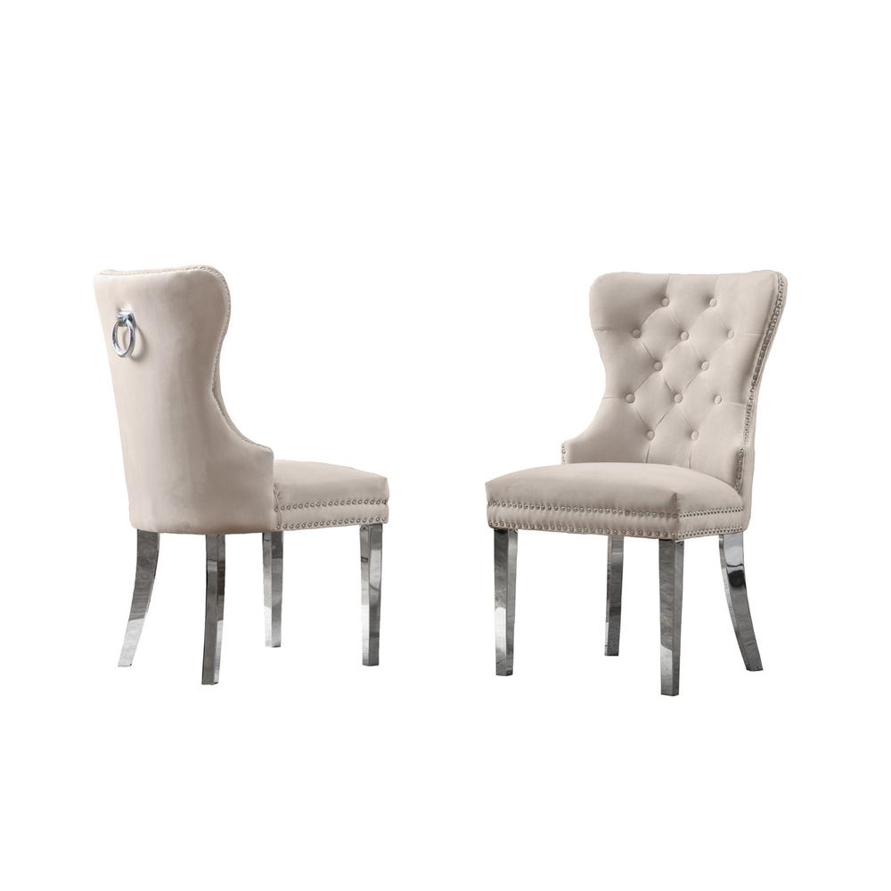 Velvet Tufted Dining Chair, Stainless Steel Legs (Set of 2) - Cream. Picture 1
