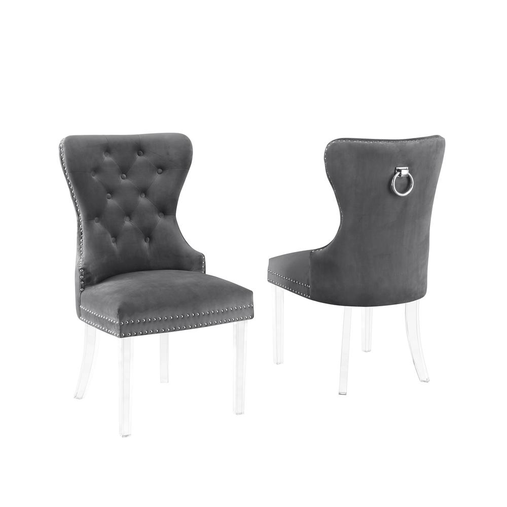 Velvet Tufted Side Chair Set of 2, Acrylic Legs, Dark grey. Picture 1