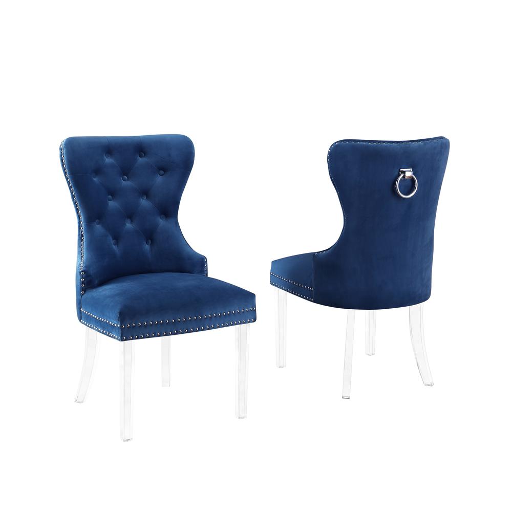 Navy Blue Velvet Tufted Dining Side Chairs, Acrylic Legs - Set of 2. Picture 2