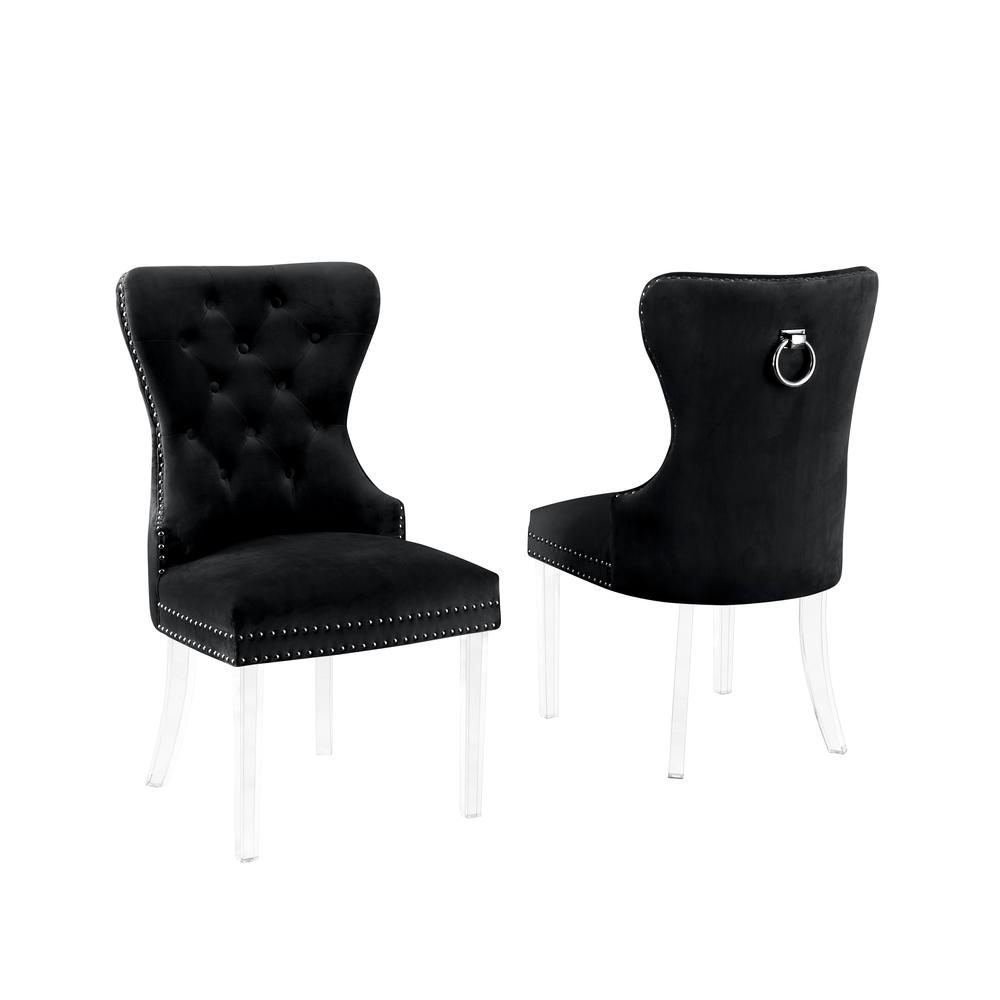 Black Velvet Tufted Dining Side Chairs, Acrylic Legs - Set of 2. Picture 2