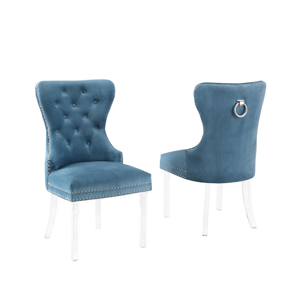 Teal Velvet Tufted Dining Side Chairs, Acrylic Legs - Set of 2. Picture 2