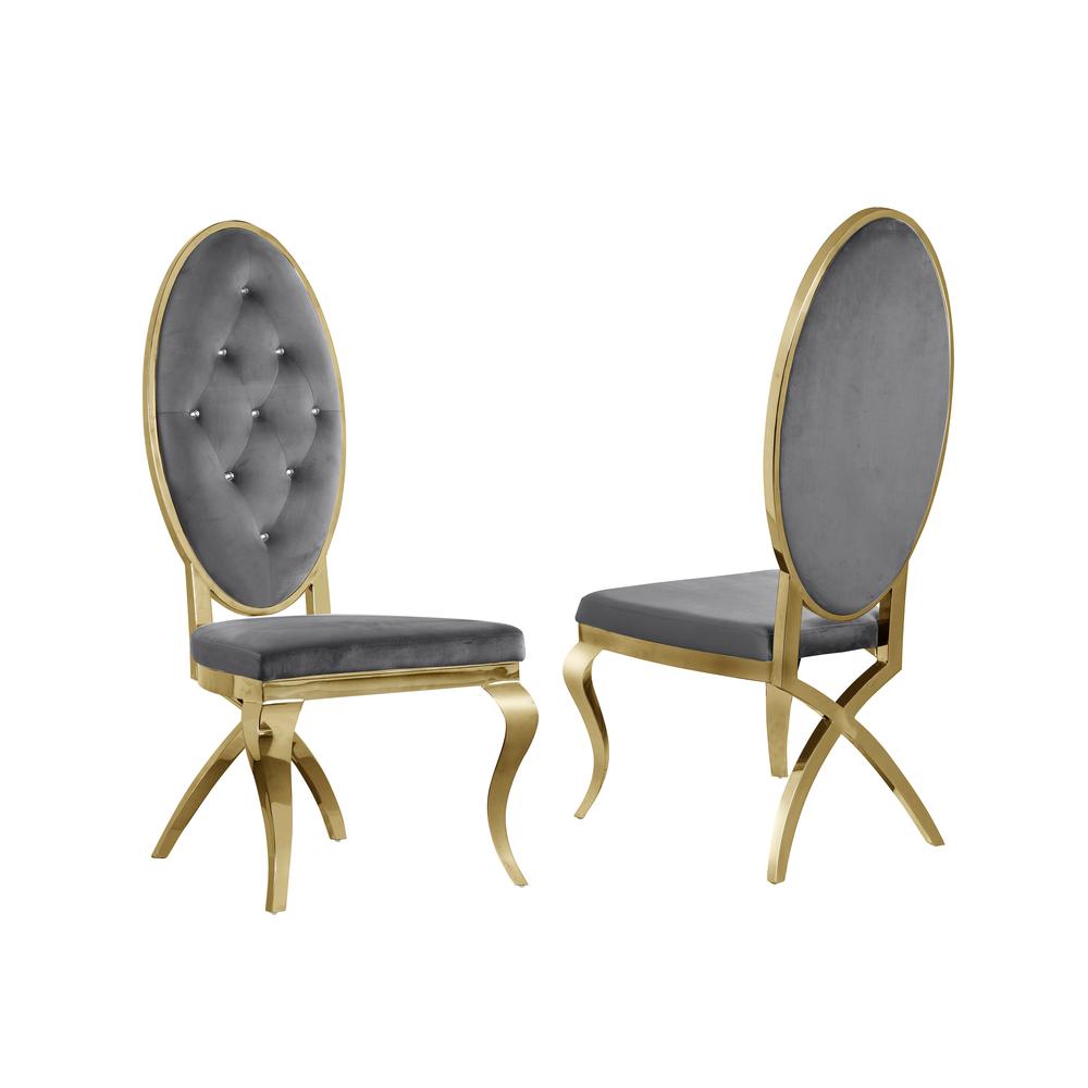 Velvet Side Chair Set of 2, Stainless Steel Gold Legs, Dark grey. Picture 2