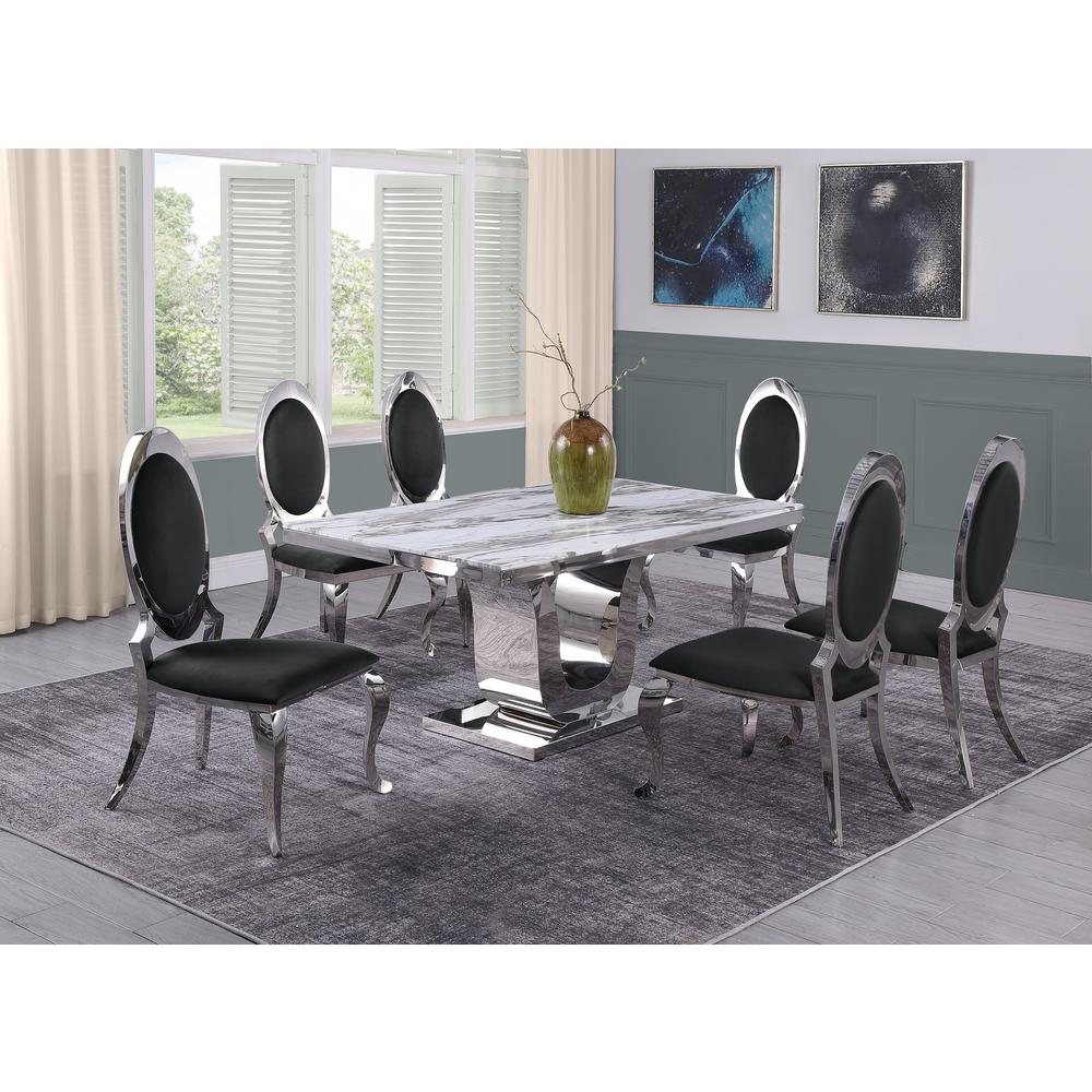 White Marble 7pc Set Stainless Steel Chairs in Black Velvet. Picture 1