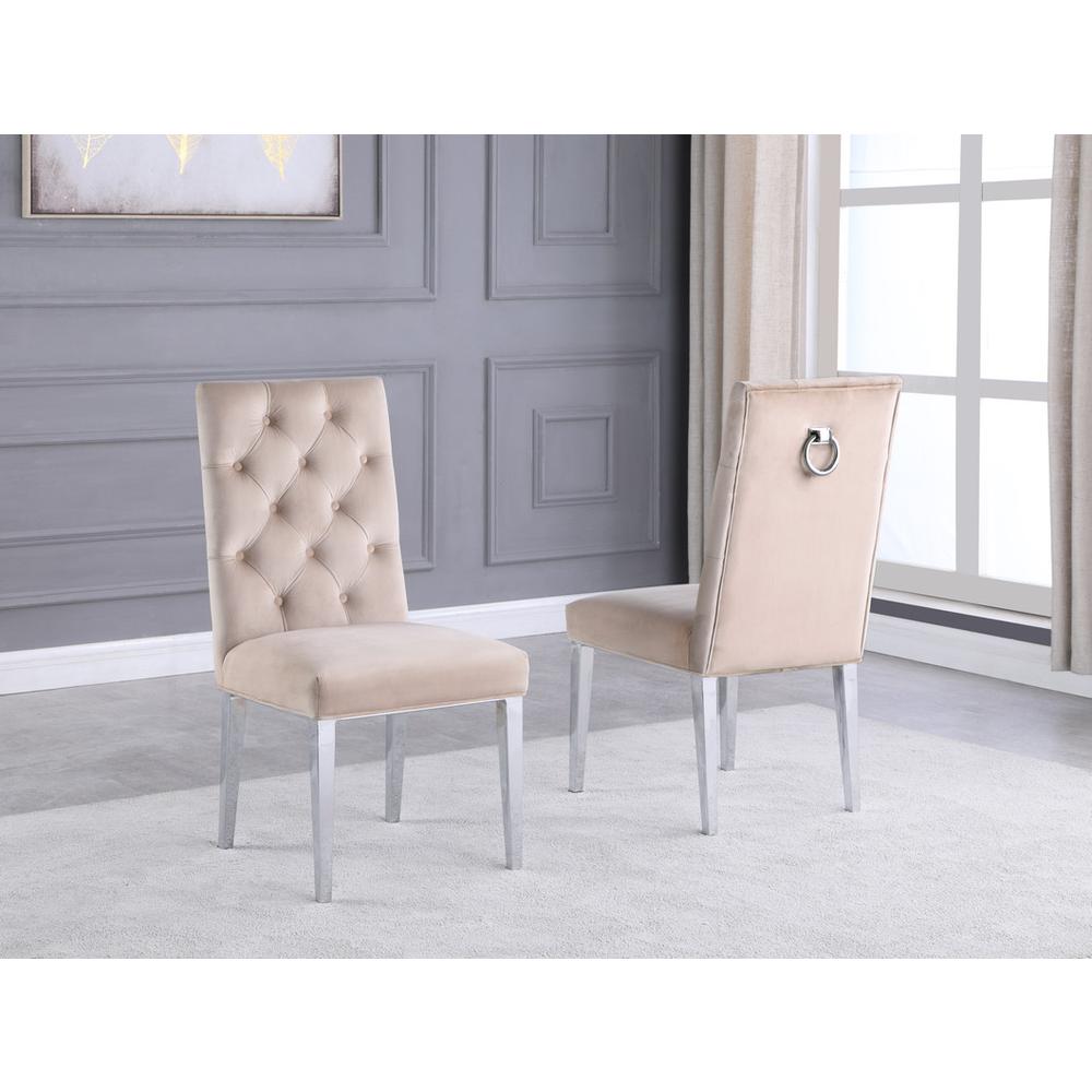 Velvet Tufted Side Chair Set of 2, Beige. Picture 1