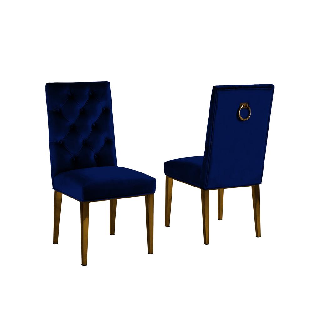Navy Bue Velvet Tufted Dining Side Chairs, Chrome Gold Legs - Set of 2. Picture 3