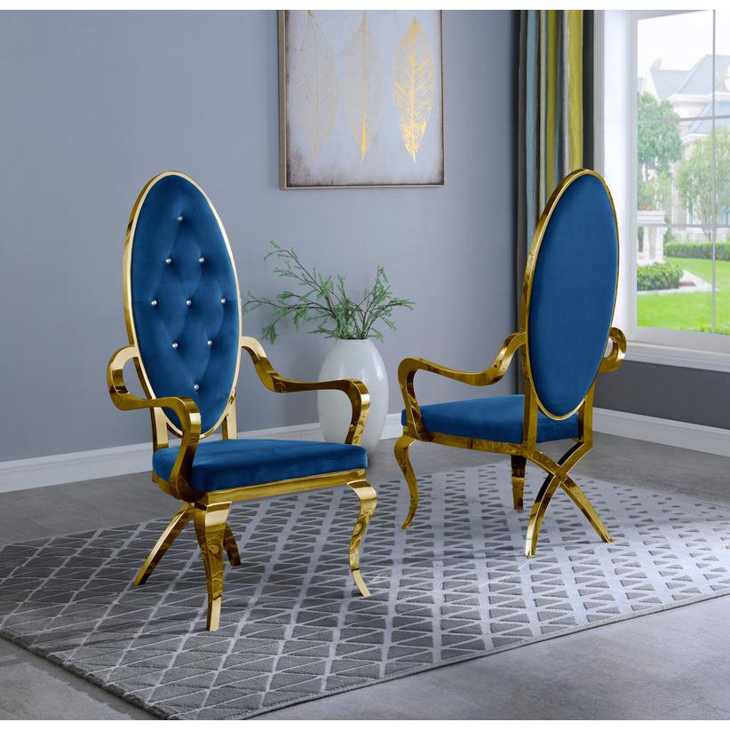 Navy Blue Velvet Tufted Arm Dining Chairs, Stainless Steel Gold Legs - Set of 2. Picture 2