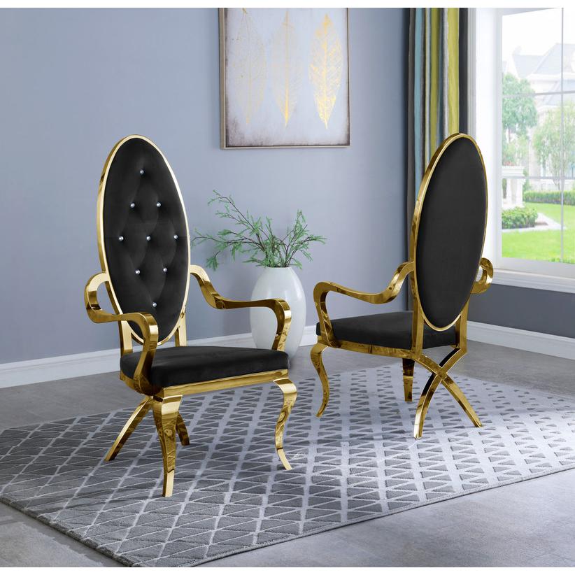 Velvet Side Arm Chair Set of 2, Stainless Steel Gold Legs, Black. Picture 2