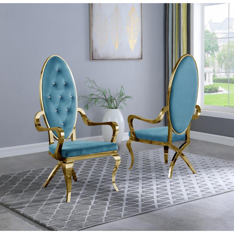 Velvet Arm Chair Set of 2, Stainless Steel Gold Legs, Teal. Picture 3