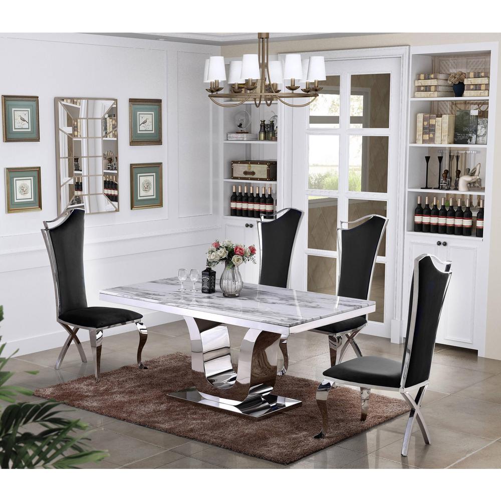 Classic 5pc Dining Set with Marble Top and Stainless Steel Base with Velvet Side Chairs. Picture 1