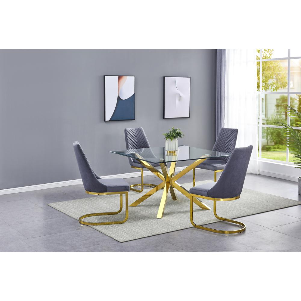 Square Tempered Glass 5pc Gold Set Chrome Chairs in Dark Grey Velvet. Picture 1