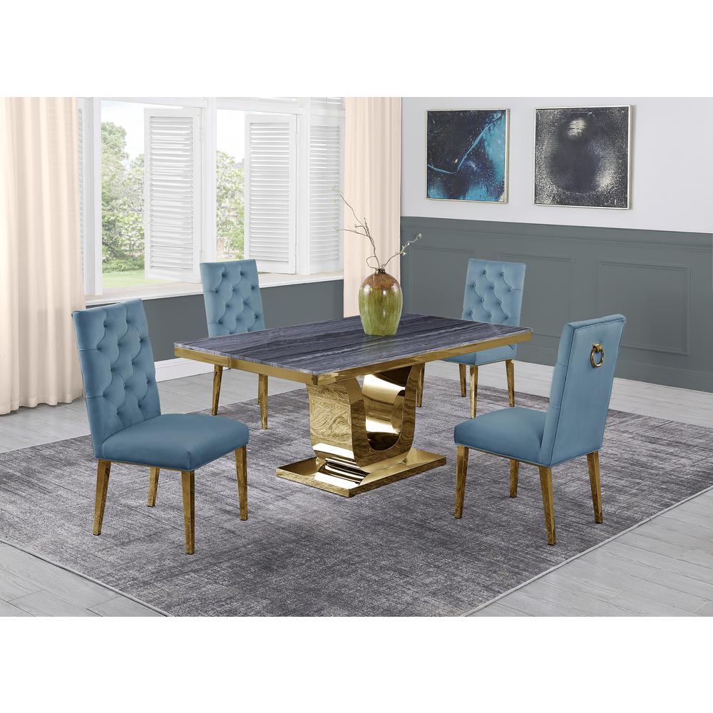 Dark Grey Marble 5pc Set Ring Chairs in Teal Velvet. Picture 1