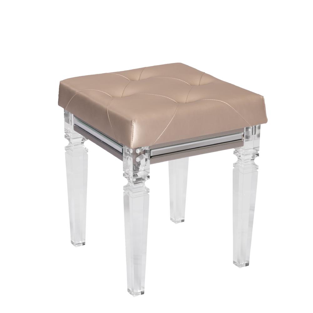 18" Vanity Stool Tufted Faux Crystal, Champagne Color & Acrylic Legs. Picture 1
